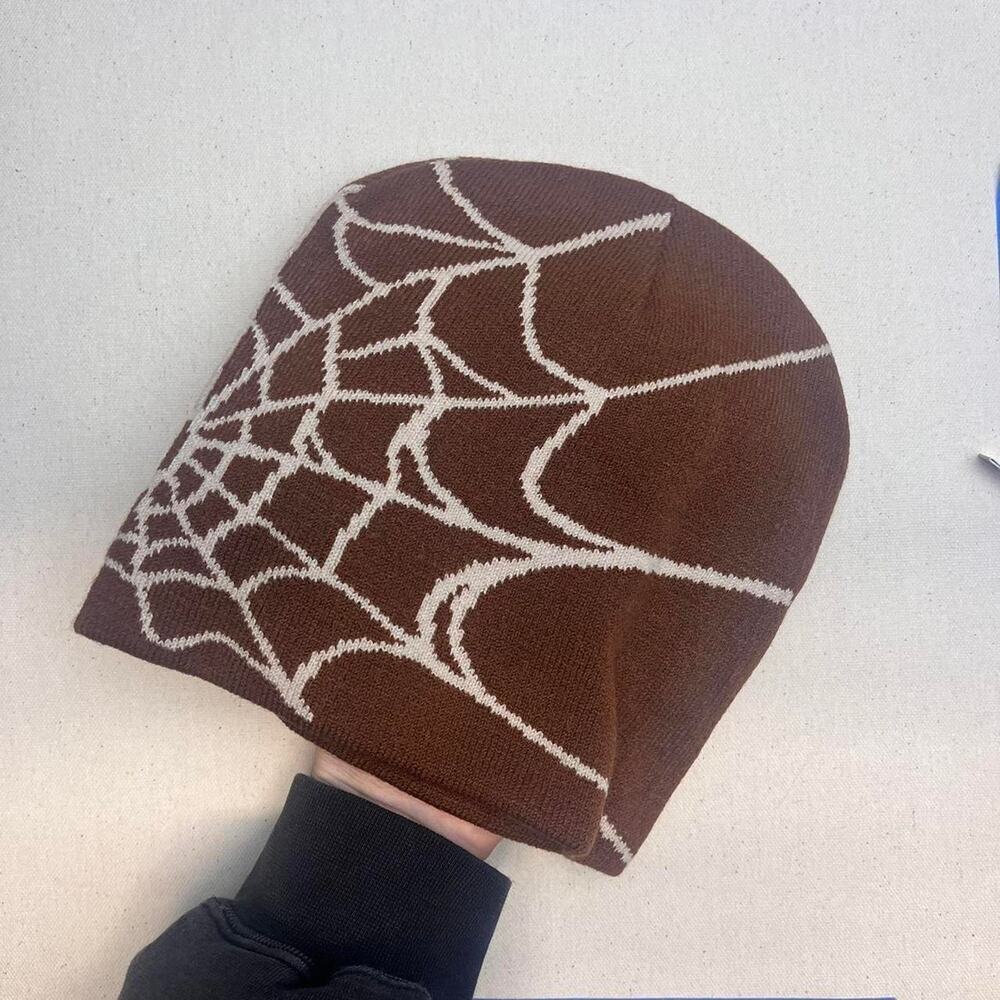 Y2k 2000s grunge gothic spiderweb brown beanie - Picture 2 of 6